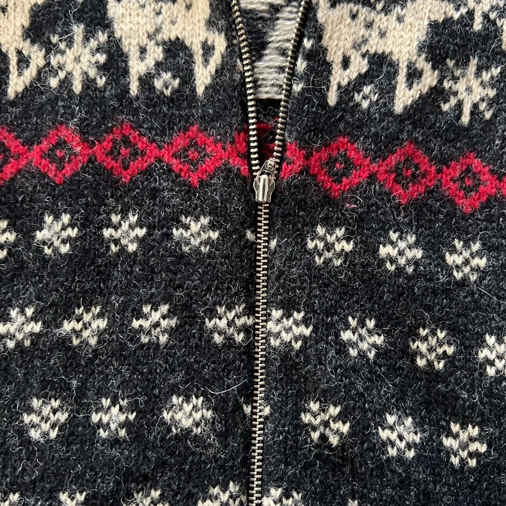 SKYR Nordic Fair Isle Faux Fur Collar/cuffs Wool Cardigan VTG Hong Kong EUC